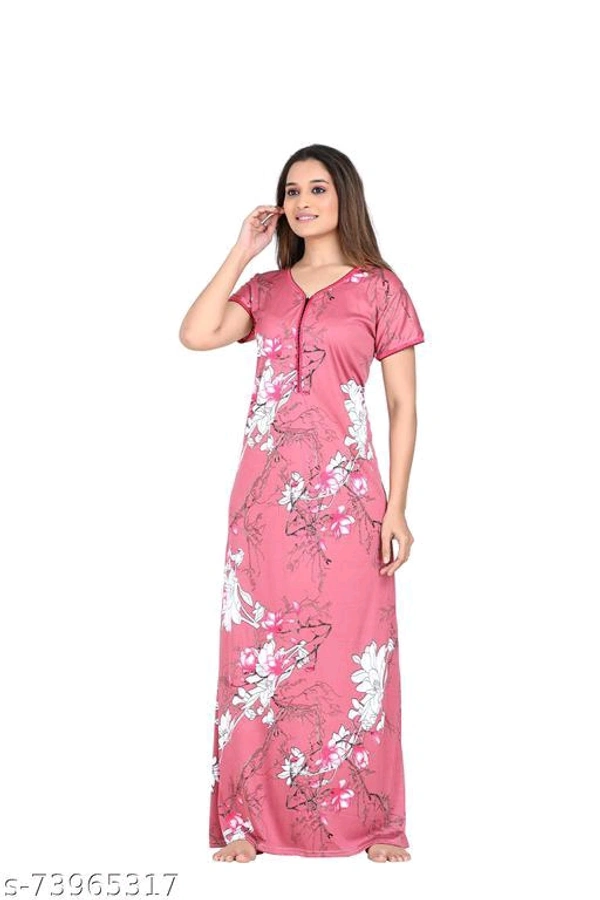 Capasino Women's Fancy Nightdress Name: Capasino Women's Fancy Nightdress Fabric: PolyesterSleeve Length: Short SleevesPattern: PrintedNet Quantity (N): 1Sizes:L, XL (Bust Size: 41 in, Length Size: 54 in) XXL (Bust Size: 43 in, Length Size: 55 in) Make your night relax with this nightgowns. its beautiful  floral print nighty,  This nighty is the ultimate blend of comfort and style. - L, Pink