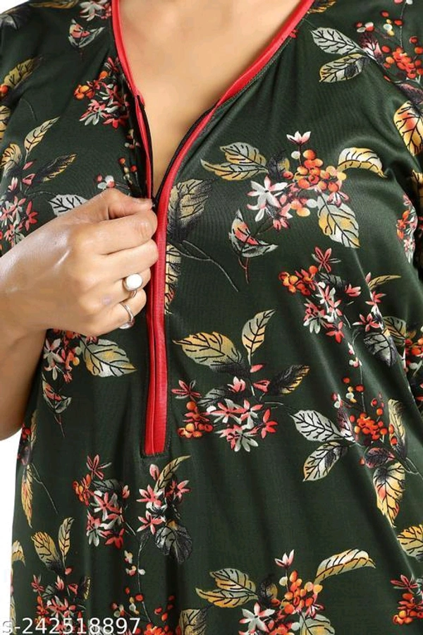 MALANI LOUNGWEAR LEDIES NIGHTDRESS NIGHTY JIP NIGHTDRESS Name: MALANI LOUNGWEAR LEDIES NIGHTDRESS NIGHTY JIP NIGHTDRESS Fabric: SatinSleeve Length: Short SleevesPattern: PrintedNet Quantity (N): 1Sizes:L, XL, XXL, Free Size (Bust Size: 42 in, Length Size: 54 in) Country of Origin: India - Green, X