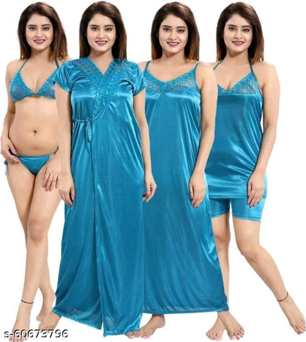 Women's Satin Solid Night Suit consist 1 Bra, 1 Panty, 1 Top, 1 Pajama with Fancy Nighty and Robe Women Full Length Set (Total 6 Pcs) Turkish BlueName: Women's Satin Solid Night Suit consist 1 Bra, 1 Panty, 1 Top, 1 Pajama with Fancy Nighty and Robe Women Full Length Set (Total 6 Pcs) Turkish BlueFabric: SatinSleeve Length: Shoulder StrapPattern: SolidNet Quantity (N): 4Add ons: Se - Melrose, Xxl