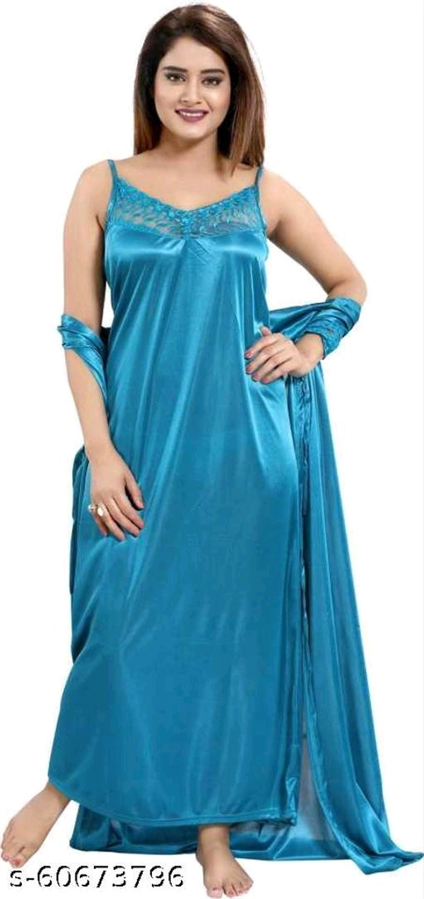 Women's Satin Solid Night Suit consist 1 Bra, 1 Panty, 1 Top, 1 Pajama with Fancy Nighty and Robe Women Full Length Set (Total 6 Pcs) Turkish BlueName: Women's Satin Solid Night Suit consist 1 Bra, 1 Panty, 1 Top, 1 Pajama with Fancy Nighty and Robe Women Full Length Set (Total 6 Pcs) Turkish BlueFabric: SatinSleeve Length: Shoulder StrapPattern: SolidNet Quantity (N): 4Add ons: Se - Melrose, Xxl