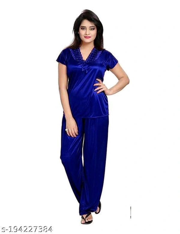 Women's Satin 4Pcs Night Wear SetName: Women's Satin 4Pcs Night Wear SetFabric: SatinSleeve Length: Short SleevesPattern: SolidNet Quantity (N): 4Add ons: SetSizes:Free SizeCountry of Origin: India - Blue, Free Size