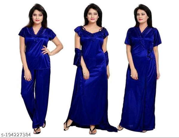 Women's Satin 4Pcs Night Wear SetName: Women's Satin 4Pcs Night Wear SetFabric: SatinSleeve Length: Short SleevesPattern: SolidNet Quantity (N): 4Add ons: SetSizes:Free SizeCountry of Origin: India - Black