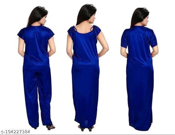 Women's Satin 4Pcs Night Wear SetName: Women's Satin 4Pcs Night Wear SetFabric: SatinSleeve Length: Short SleevesPattern: SolidNet Quantity (N): 4Add ons: SetSizes:Free SizeCountry of Origin: India - Black