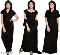 Women's Satin 4Pcs Night Wear SetName: Women's Satin 4Pcs Night Wear SetFabric: SatinSleeve Length: Short SleevesPattern: SolidNet Quantity (N): 4Add ons: SetSizes:Free SizeCountry of Origin: India - Black