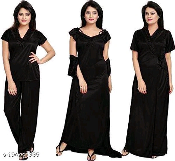Women's Satin 4Pcs Night Wear SetName: Women's Satin 4Pcs Night Wear SetFabric: SatinSleeve Length: Short SleevesPattern: SolidNet Quantity (N): 4Add ons: SetSizes:Free SizeCountry of Origin: India - Black