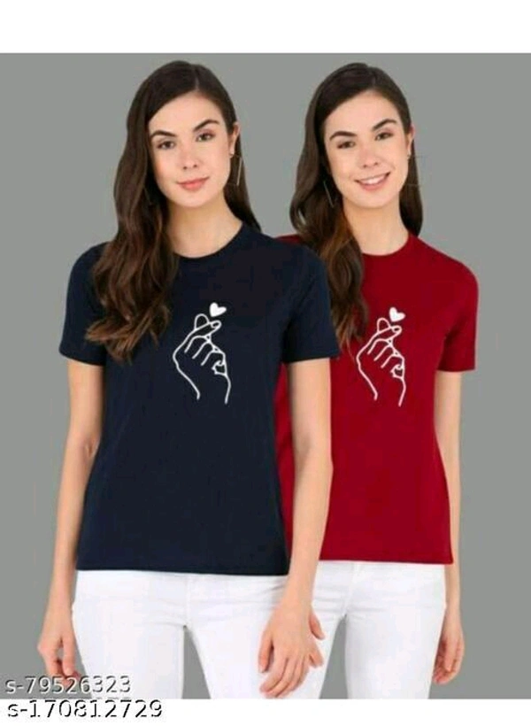 New style t-shirts for girls and women's fashion chutaki cotton combo pack of 2Name: New style t-shirts for girls and women's fashion chutaki cotton combo pack of 2Fabric: Cotton BlendSleeve Length: Short SleevesPattern: PrintedNet Quantity (N): 1Sizes:S (Bust Size: 36 in, Length Size: 25 in) M (Bust Size: 38 in, Length Size: 25 in) L (Bust Size: 40 in, Length Size: 26 in) XL (Bust - Red, M