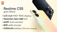 Realme C55 Technology	GSM / HSPA / LTE2G bands	GSM 850 / 900 / 1800 / 1900 - SIM 1 & SIM 23G bands	HSDPA 850 / 900 / 21004G bands	1, 3, 5, 8, 38, 40, 41Speed	HSPA, LTE-ALAUNCHAnnounced	2023, March 07Status	Available. Released 2023, March 08BODYDimensions	165.6 x 75.9 x 7.9 mm (6.52 x 2.99 x 0.31 in)Weight	189.5 g (6.70 oz)Build	Glass front, plastic frame, plastic backSIM	Dual 4/64g - Gold, 4/64gb