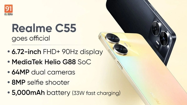 Realme C55 Technology	GSM / HSPA / LTE2G bands	GSM 850 / 900 / 1800 / 1900 - SIM 1 & SIM 23G bands	HSDPA 850 / 900 / 21004G bands	1, 3, 5, 8, 38, 40, 41Speed	HSPA, LTE-ALAUNCHAnnounced	2023, March 07Status	Available. Released 2023, March 08BODYDimensions	165.6 x 75.9 x 7.9 mm (6.52 x 2.99 x 0.31 in)Weight	189.5 g (6.70 oz)Build	Glass front, plastic frame, plastic backSIM	Dual 4/64g - Gold, 4/64gb