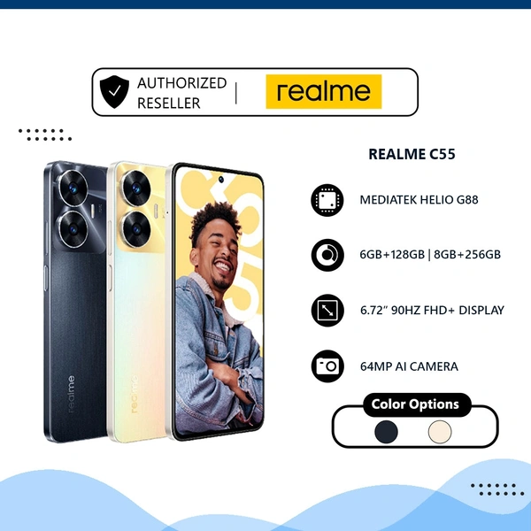 Realme C55 Technology	GSM / HSPA / LTE2G bands	GSM 850 / 900 / 1800 / 1900 - SIM 1 & SIM 23G bands	HSDPA 850 / 900 / 21004G bands	1, 3, 5, 8, 38, 40, 41Speed	HSPA, LTE-ALAUNCHAnnounced	2023, March 07Status	Available. Released 2023, March 08BODYDimensions	165.6 x 75.9 x 7.9 mm (6.52 x 2.99 x 0.31 in)Weight	189.5 g (6.70 oz)Build	Glass front, plastic frame, plastic backSIM	Dual 4/64g - Gold, 4/64gb