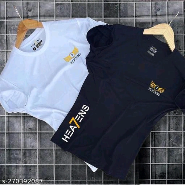 Pack of 2 Round Neck Printed logo 7 Heavens Black White TshirtsName: Pack of 2 Round Neck Printed logo 7 Heavens Black White TshirtsFabric: LycraSleeve Length: Short SleevesPattern: PrintedNet Quantity (N): 2Sizes:M (Chest Size: 38 in) L (Chest Size: 40 in) XL (Chest Size: 42 in) You can pair our t-shirts with trousers and denim of your choice and make it a weekday smart casual or  - Black, M