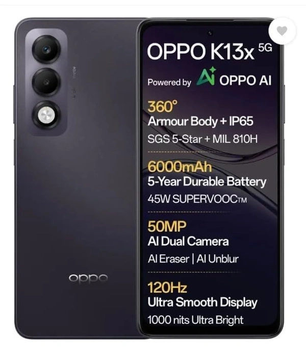 OPPO K13x 5G 6000mAh and 45W SUPERVOOC Charger & AI (Midnight Violet, 128 GB) (8 GB RAM) - Midnight Violet, 8GB-128GB