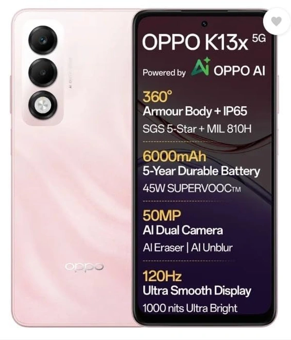 OPPO K13x 5G 6000mAh and 45W SUPERVOOC Charger & AI (pink, 128 GB) (8 GB RAM) - pink, 8GB-128GB