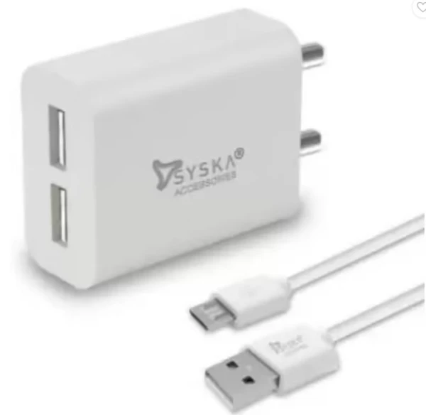 Syska 2.4 A Multiport Mobile TC 2.4AD-WH Charger with Detachable Cable  (White)