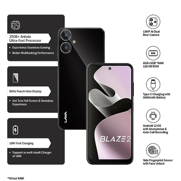 LAVA Blaze 2 (Glass Black, 128 GB)  (6 GB RAM) - Black, 6GB-128GB