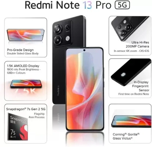 REDMI Note 13 Pro 5G (Midnight Black, 256 GB)  (12 GB RAM) - Black, 12GB-256GB