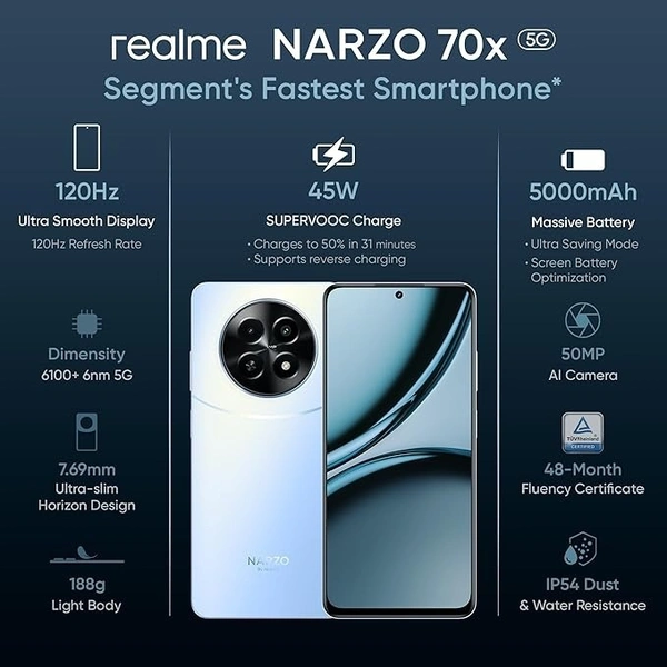 realme NARZO 70x 5G（Forest Green, 4GB RAM,128GB Storage） - light blue, 4GB-128GB
