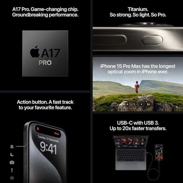 (Global) Apple iPhone 15 Pro (128 GB) - Natural Titanium - Black, 128GB