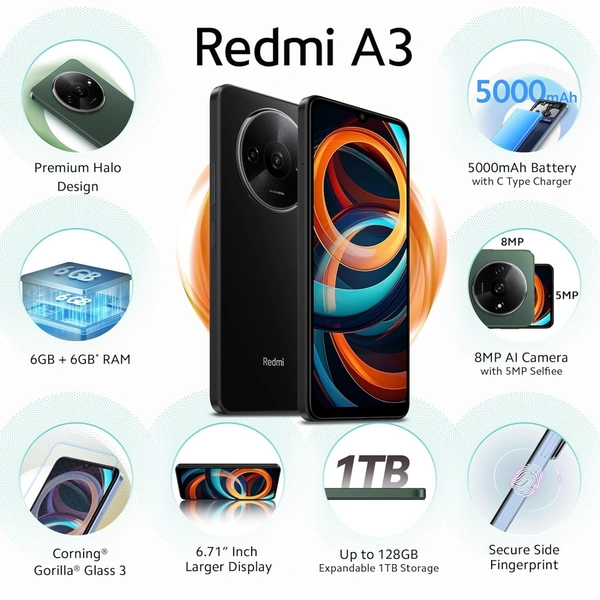 Redmi A3 (black, 4 GB RAM, 128 GB Storage) - Black, 4GB-128GB