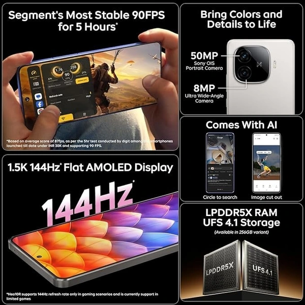 iQOO Neo 10R 5G (Moonknight Titanium, 8GB RAM, 128GB Storage) | Snapdragon 8s Gen 3 Processor | India's Slimmest 6400mAh Battery Smartphone | Segment's Most Stable 90FPS for 5 Hours - Moonknight Titanium, 8GB+128GB