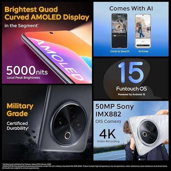 iQOO Z10 5G (Glacier Silver, 8GB RAM, 256GB Storage) | India's Biggest Ever 7300 mAh Battery | Snapdragon 7s Gen 3 Processor | Brightest Quad Curved AMOLED Display in The Segment - Glacier Silver, 8GB-256GB