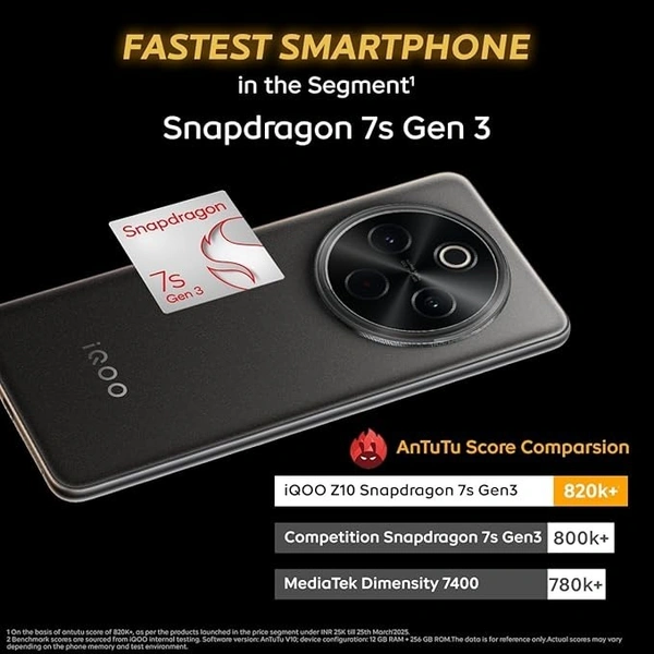 iQOO Z10 5G (black, 8GB RAM, 256GB Storage) | India's Biggest Ever 7300 mAh Battery | Snapdragon 7s Gen 3 Processor | Brightest Quad Curved AMOLED Display in The Segment - Black, 8GB-256GB