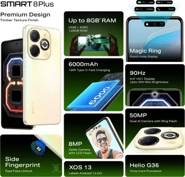 Infinix Smart 8 Plus (shiny gold, 128 GB)  (4 GB RAM) - shiny gold, 4GB-128GB