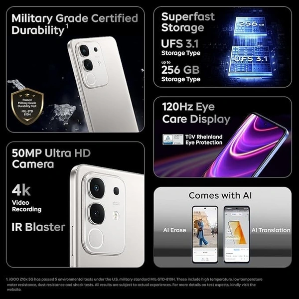 iQOO Z10x 5G (Ultramarine, 6GB RAM, 128GB Storage) | 6500 mAh Large Capacity Battery | Dimensity 7300 Processor | Military-Grade Durability - Ultramarine, 6GB-128GB