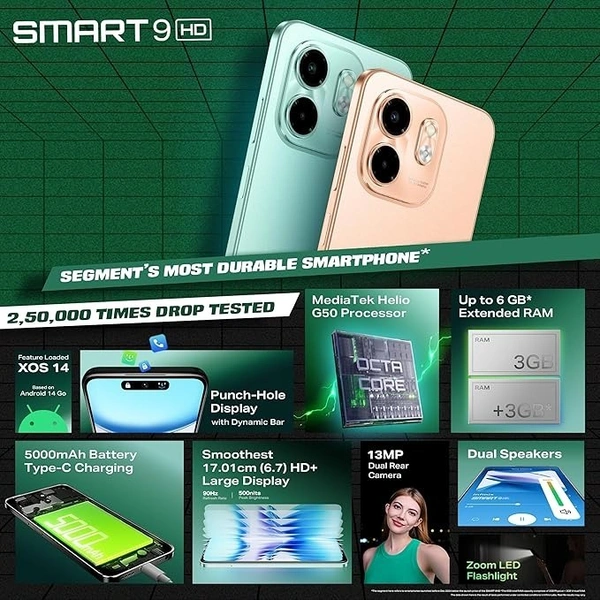 Infinix Smart 9 HD (Coral Gold, 3GB RAM, 64GB Storage) | 250K+ Drop Tetss | 90Hz Punch Hole Display | 5000mAh Battery - Coral Gold, 3GB-64GB