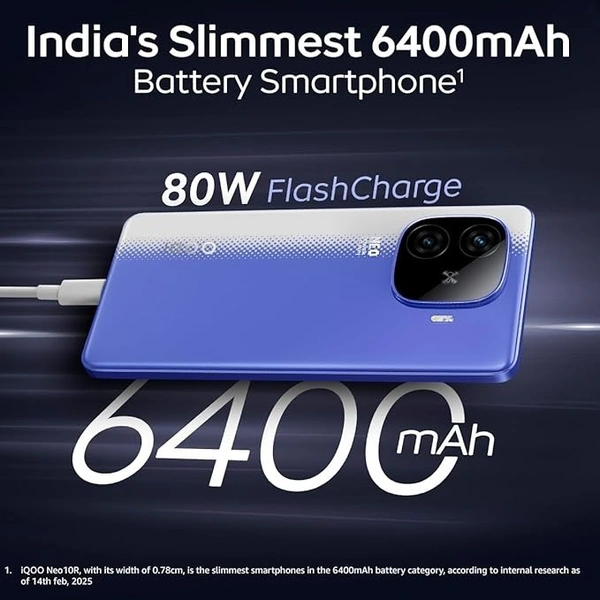 iQOO Neo 10R 5G (Raging Blue, 12GB RAM, 256GB Storage) | Snapdragon 8s Gen 3 Processor | India's Slimmest 6400mAh Battery Smartphone | Segment's Most Stable 90FPS for 5 Hours - Raging Blue, 12GB+256GB
