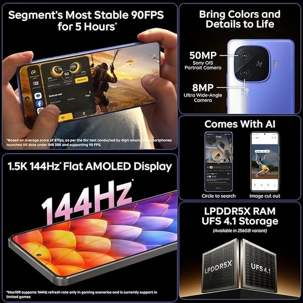 iQOO Neo 10R 5G (Raging Blue, 12GB RAM, 256GB Storage) | Snapdragon 8s Gen 3 Processor | India's Slimmest 6400mAh Battery Smartphone | Segment's Most Stable 90FPS for 5 Hours - Raging Blue, 12GB+256GB