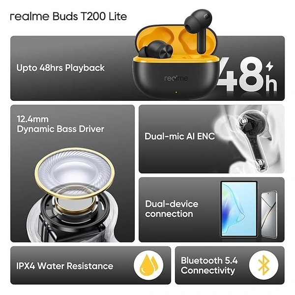 realme Buds T200 Lite Bluetooth in Ear Earbuds,4 Mic, AI ENC for Calls,48 Hours Total Playback with Fast Charging and Low Latency Gaming TWS,Google Fast Pair, with mic (Volt Black) - Black, Realme Buds T200 Lite  (BLACK )
