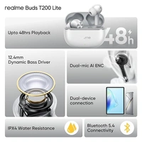 realme Buds T200 Lite Bluetooth in Ear Earbuds,4 Mic, AI ENC for Calls,48 Hours Total Playback with Fast Charging and Ultra Low Latency Gaming TWS,Google Fast Pair,with mic (Storm Grey) - WHITE, realme Buds T200 Lite