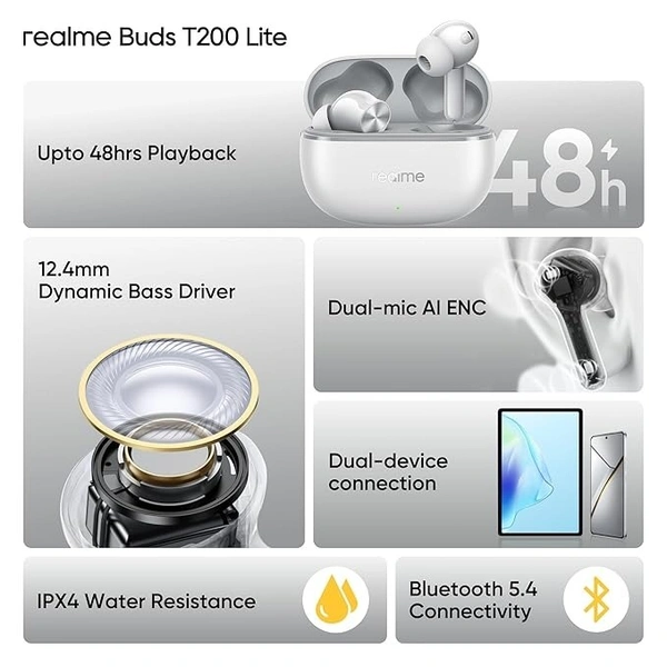 realme Buds T200 Lite Bluetooth in Ear Earbuds,4 Mic, AI ENC for Calls,48 Hours Total Playback with Fast Charging and Ultra Low Latency Gaming TWS,Google Fast Pair,with mic (Storm Grey) - WHITE, realme Buds T200 Lite