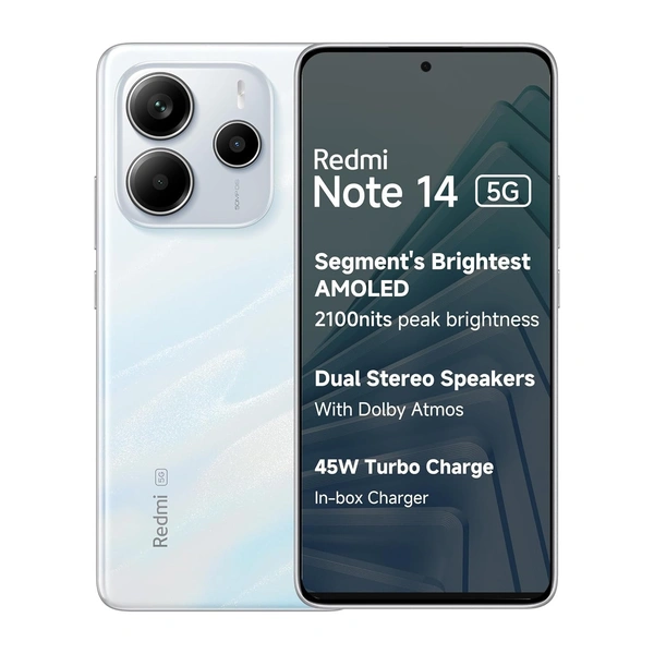 Redmi Note 14 5G (Mystique White, 6GB RAM 128GB Storage) | Global Debut MTK Dimensity 7025 Ultra | 2100 nits Segment Brightest 120Hz AMOLED | 50MP Sony LYT 600 OIS+EIS Triple Camera - white, 6+128