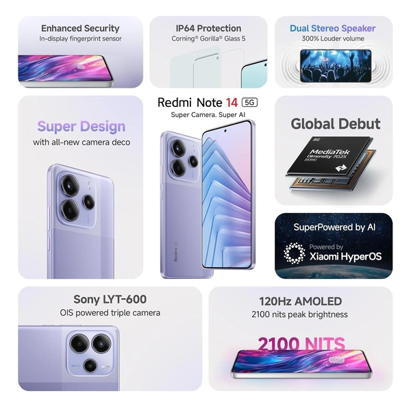 Redmi Note 14 5G (Phantom Purple, 8GB RAM 128GB Storage) | Global Debut MTK Dimensity 7025 Ultra | 2100 nits Segment Brightest 120Hz AMOLED | 50MP Sony LYT 600 OIS+EIS Triple Camera - Purple, 8+128