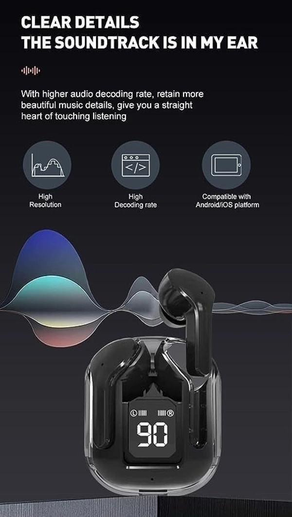 UltraPods Transparent Charging Case Bluetooth Earbuds - Multi-Color, High-Fidelity Sound, Comfort Fit, Long Battery Life - Perfect for On-The-Go Audio! (Black) - Black