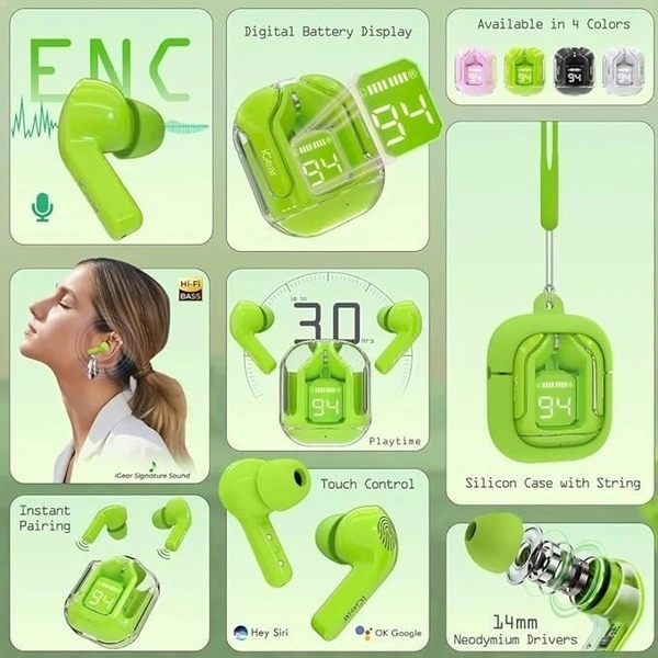 UltraPods Transparent Charging Case Bluetooth Earbuds - Multi-Color, High-Fidelity Sound, Comfort Fit, Long Battery Life - Perfect for On-The-Go Audio! (Green) - Green