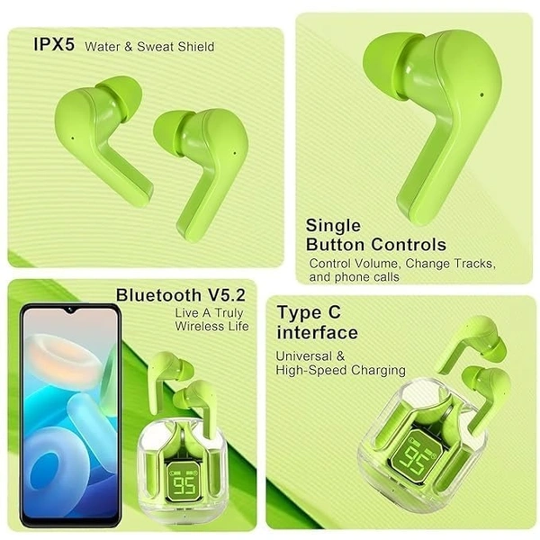 UltraPods Transparent Charging Case Bluetooth Earbuds - Multi-Color, High-Fidelity Sound, Comfort Fit, Long Battery Life - Perfect for On-The-Go Audio! (Green) - Green
