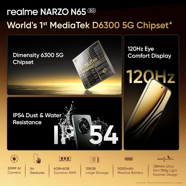 realme NARZO N65 5G (Amber Gold 4GB RAM, 128GB Storage) India's 1st D6300 5G Chipset | Ultra Slim Design | 120Hz Eye Comfort Display | 50MP AI Camera| Charger in The Box - Gold, 4+128
