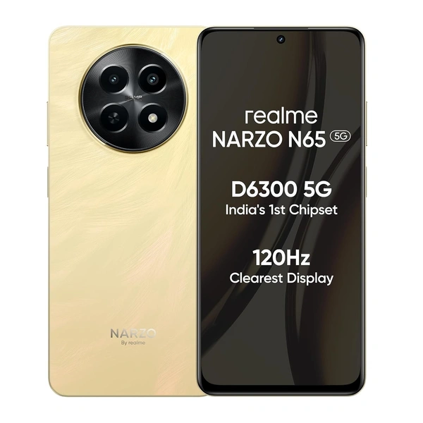 realme NARZO N65 5G (Amber Gold 4GB RAM, 128GB Storage) India's 1st D6300 5G Chipset | Ultra Slim Design | 120Hz Eye Comfort Display | 50MP AI Camera| Charger in The Box - Gold, 4+128