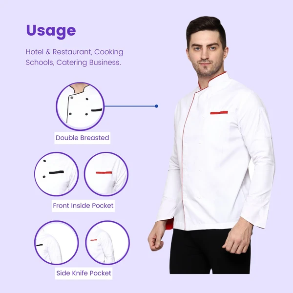 White Chef Coat(Red Piping) - S