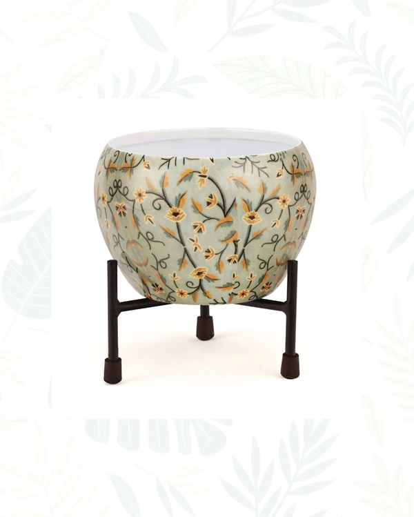 IRON MATKI WITH STAND - 5 Inch, YELLOW FLOWER