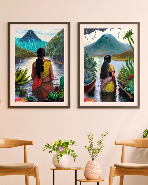 TGW Set Of 2 Indian+boat-lady in the river looking at succulent plants with monstera & mountain in the background & raining art - A3