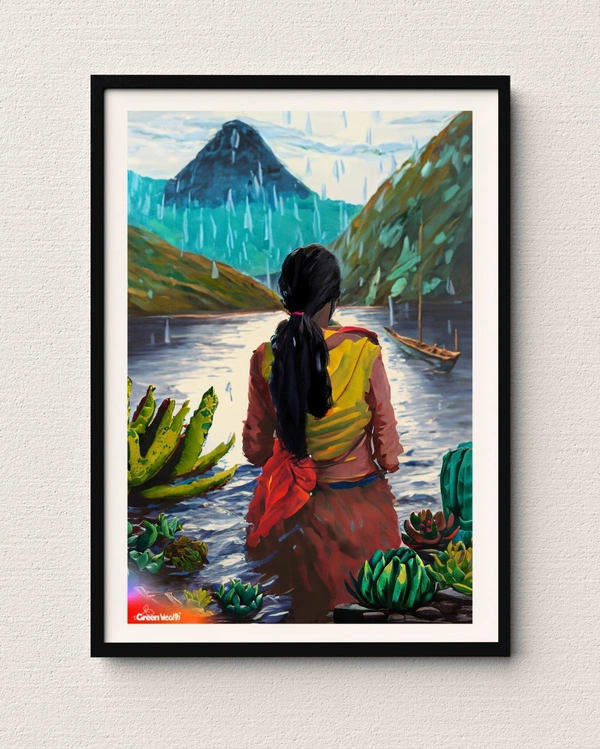 TGW Set Of 2 Indian+boat-lady in the river looking at succulent plants with monstera & mountain in the background & raining art - A2