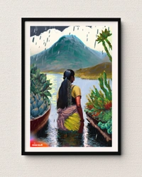 TGW Set Of 2 Indian+boat-lady in the river looking at succulent plants with monstera & mountain in the background & raining art - A2