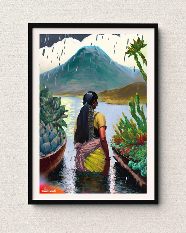 TGW Set Of 2 Indian+boat-lady in the river looking at succulent plants with monstera & mountain in the background & raining art - A2