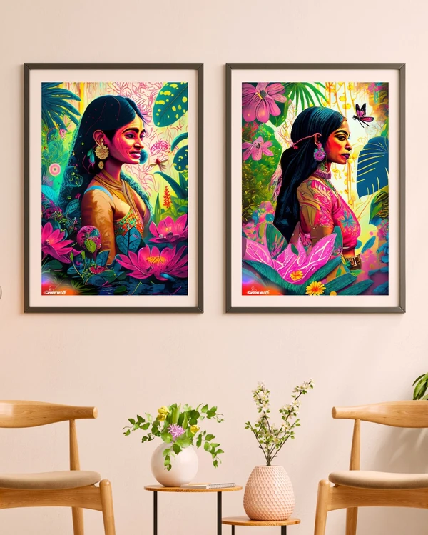 TGW  Indian mother with colorful tropical paradise jungle with golden lily pads and pink flowers - A3