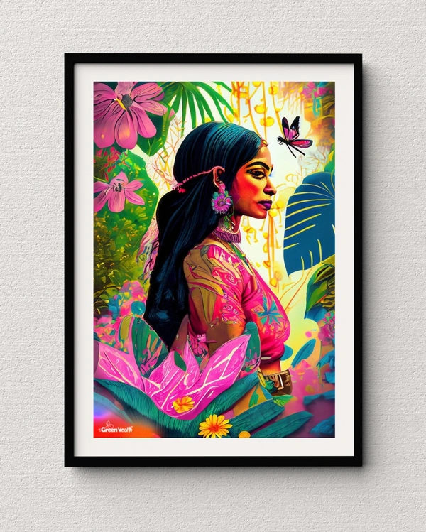 TGW  Indian mother with colorful tropical paradise jungle with golden lily pads and pink flowers - A3