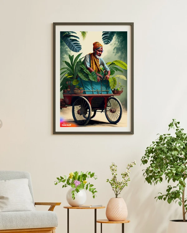 TGW DESI OLD RICKSHAW MAN FULL OF PLANTS WITH MONSTERA LEAVES  - A2