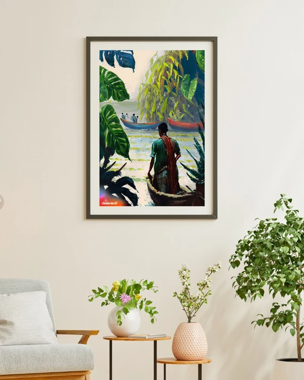 TGW Indian+boat-man in the river looking at plants with monstera - A3